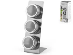 3 boîtes sur support magnétique en inox argent - 11 x 8 x 24 cm