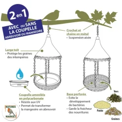 Abreuvoir et mangeoire pour graines et eau gris en métal Ø 20 x 32 cm