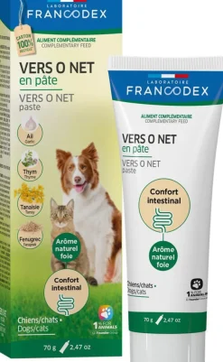 Aliment complémentaire pour chien et chat en pâte Francodex Vers O Net - tube de 70 g
