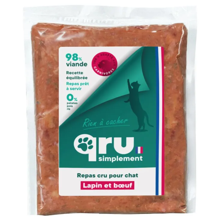 Aliment cru pour chat repas haché lapin bœuf Qru Simplement congelé - 450 g