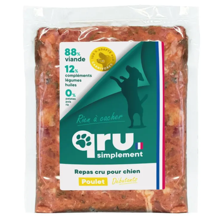 Aliment cru pour chien repas haché poulet Qru Simplement congelé - 900 g
