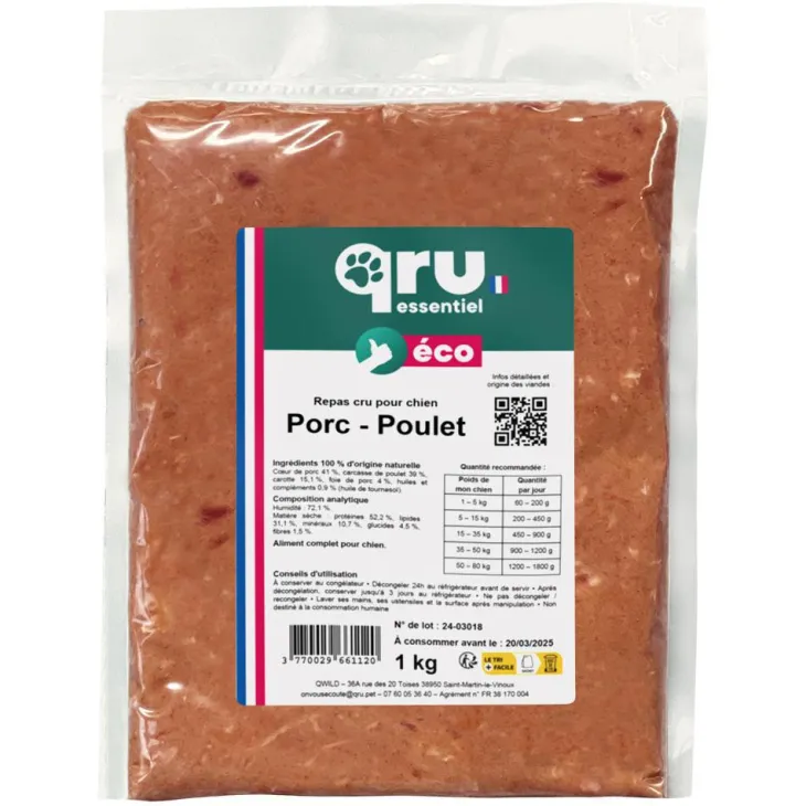 Aliment cru pour chien repas porc Qru Essentiel congelé - 1 kg