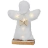 Ange en fourrure blanche à micro LED blanc chaud sur socle en bois  - 5 x 20 x 27,5 cm