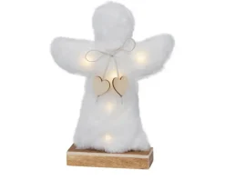 Ange en fourrure blanche à micro LED blanc chaud sur socle en bois  - 5 x 20 x 27,5 cm
