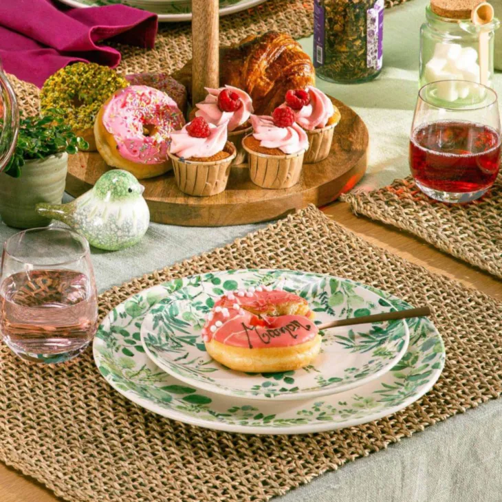 Assiette plate coloris vert en céramique motifs feuillages Natura - Ø 27,5 cm