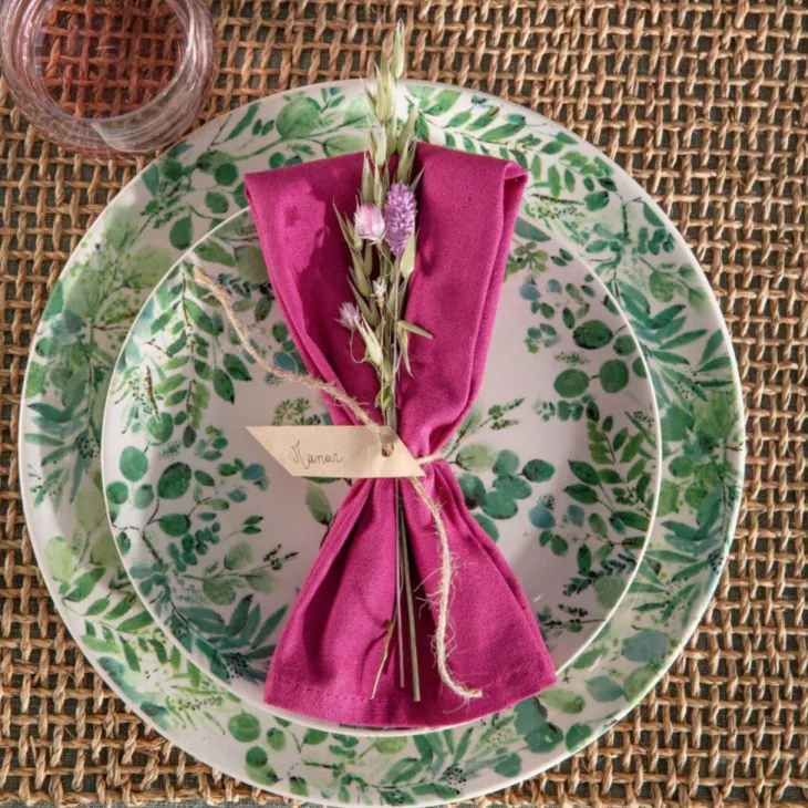 Assiette plate coloris vert en céramique motifs feuillages Natura - Ø 27,5 cm