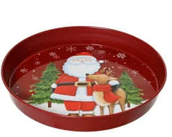 Assiette rouge en métal décor Père Noël et renne - H 5 cm