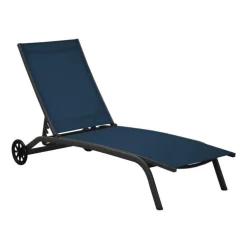 Bain de soleil en aluminium gris et toile textilène bleue - 192 x 71 x 30/92 cm