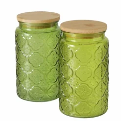 Bocal de conservation en verre teinté vert et bambou Imola - Ø 10 x H 17,5 cm