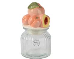 Bocal en verre à couvercle avec décor de pêches orange brillant - Ø 11 x H 19 cm