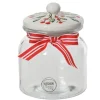 Bocal transparent en verre avec nœud rouge et couvercle décoré - Ø 11 x 14 cm