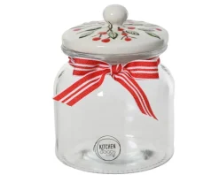 Bocal transparent en verre avec nœud rouge et couvercle décoré - Ø 11 x 14 cm