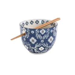 Bol en gré bleu peint à la main avec baguettes Almada - Ø 13 cm