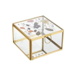 Boîte carrée en verre et métal doré avec décor fleurs séchées grand modèle - 13 x 13 x 8 cm