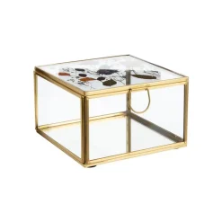 Boîte carrée en verre et métal doré avec décor fleurs séchées grand modèle - 13 x 13 x 8 cm