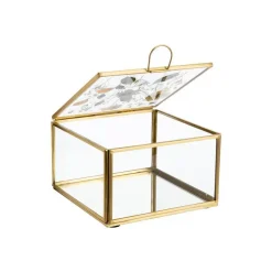 Boîte carrée en verre et métal doré avec décor fleurs séchées grand modèle - 13 x 13 x 8 cm