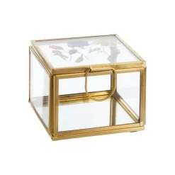 Boîte carrée en verre et métal doré avec décor fleurs séchées petit modèle - 8 x 8 x 6 cm