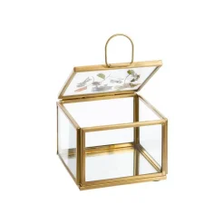 Boîte carrée en verre et métal doré avec décor fleurs séchées petit modèle - 8 x 8 x 6 cm