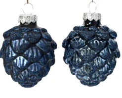 Boîte de 6 pommes de pin en verre bleu nuit brillant et mat - Ø 5 x H 7 cm