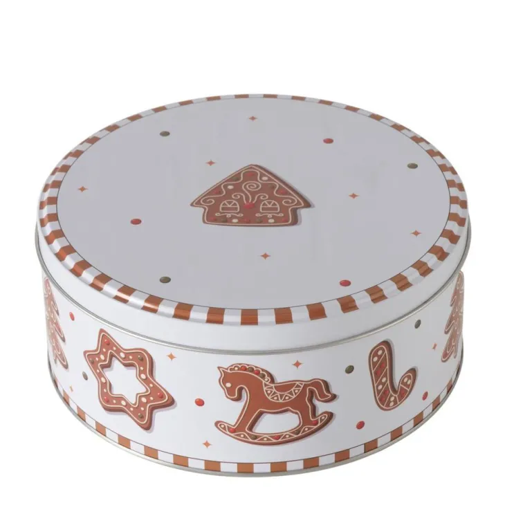 Boîte de stockage blanche à motif biscuits de Noël en métal Ginger - Ø 18 x H 8 cm