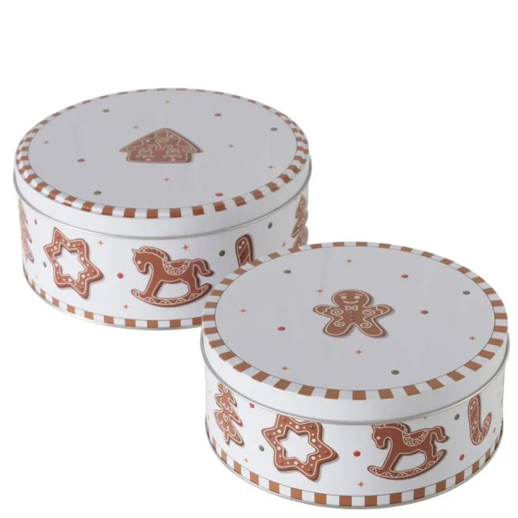 Boîte de stockage blanche à motif biscuits de Noël en métal Ginger - Ø 18 x H 8 cm