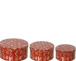 Boîte ronde en métal rouge à motif décorations de Noël moyen modèle - Ø 17 x H 8 cm