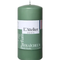 Bougie cylindrique taille L vert parfum fraîcheur basilic L’Atelier de Denis - Ø 6,8 x H 14.5 cm