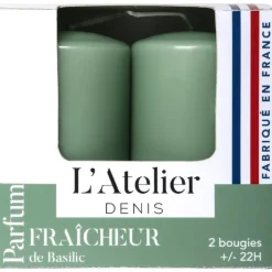 Bougies cylindriques vert parfum fraîcheur basilic L’Atelier de Denis - L’étui de 2