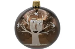 Boule de Noël brun et vert chouettes en verre - Ø 7 cm