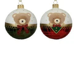 Boule en verre brillante rouge et vert pin avec décor ours classique - Ø 8 cm