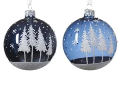 Boule en verre brillante bleu nuit avec décor sapins - Ø 8 cm