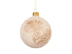 Boule en verre finition mate blanc laine avec décor branche à pois - Ø 8 cm