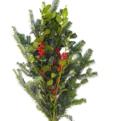 Bouquet de branches de sapin, houx et bouleau vert et rouge pour décoration de Noël - 50/60 cm