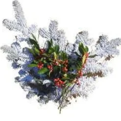 Bouquet de branches de sapin enneigé et de houx vert, rouge et blanc pour décoration de Noël