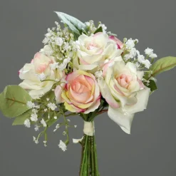 Bouquet de fleurs artificielles roses et gypsophiles coloris rose et crème - 20 cm