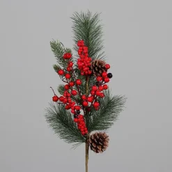 Branche artificielle de pin-sapin avec baies et cônes sur pique – 57 cm