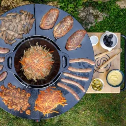 Braséro gaz et wok sur chariot coloris noir avec planche en fonte Somagic - 107 x 78 x 98,5 cm