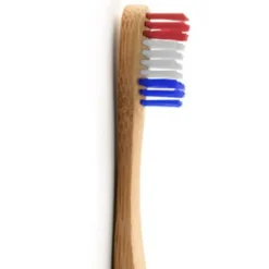 Brosse à dents pour adulte en bambou souple coloris bleu blanc rouge