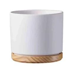 Cache-pot en bois et céramique blanc Oslo - Ø 13 x H 12 cm