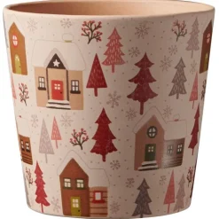 Cache-pot en céramique orangé à motifs Dallas Winter Village - Ø 14 x H 13 cm