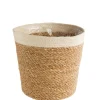 Cache-pot vannerie naturelle avec rebord blanc coloris beige - 20,5 x 19,5 x 16 cm