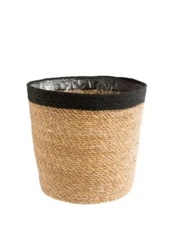 Cache-pot vannerie naturelle avec rebord noir coloris beige - 18 x 16 x 13,5 cm