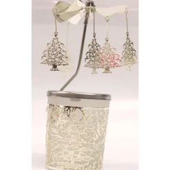 Carrousel photophore en métal argenté avec sapins de Noël - H 12 cm