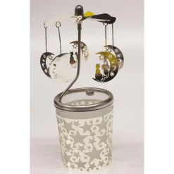 Carrousel photophore en métal argenté avec chats sur lune - H 12 cm
