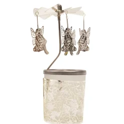 Carrousel photophore en métal argenté avec hiboux - H 12 cm