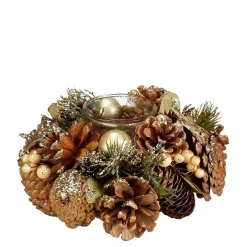 Centre de table bougeoir avec sapin et pommes de pin dorée Brant - Ø 19 x H 9 cm