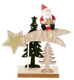 Centre de table en bois avec sapin vert, père Noël rouge et étoile filante avec LED - 14,5 x 5 x 15 cm