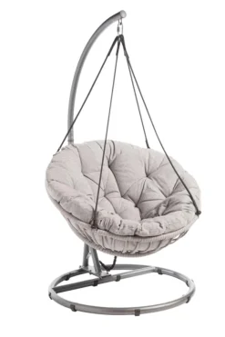 Chaise suspendue en acier anthracite et coussin gris clair Ovo - Ø 105 x H 196 cm