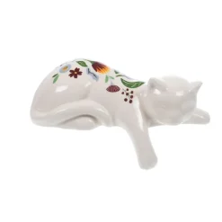 Chat en céramique blanc à motif multicolore Bertille - 15 x 7 x 9 cm