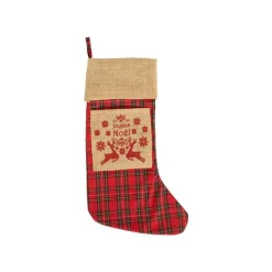Chaussette de Noël à suspendre en jute décor rennes rouge et beige - 20 x 52 cm